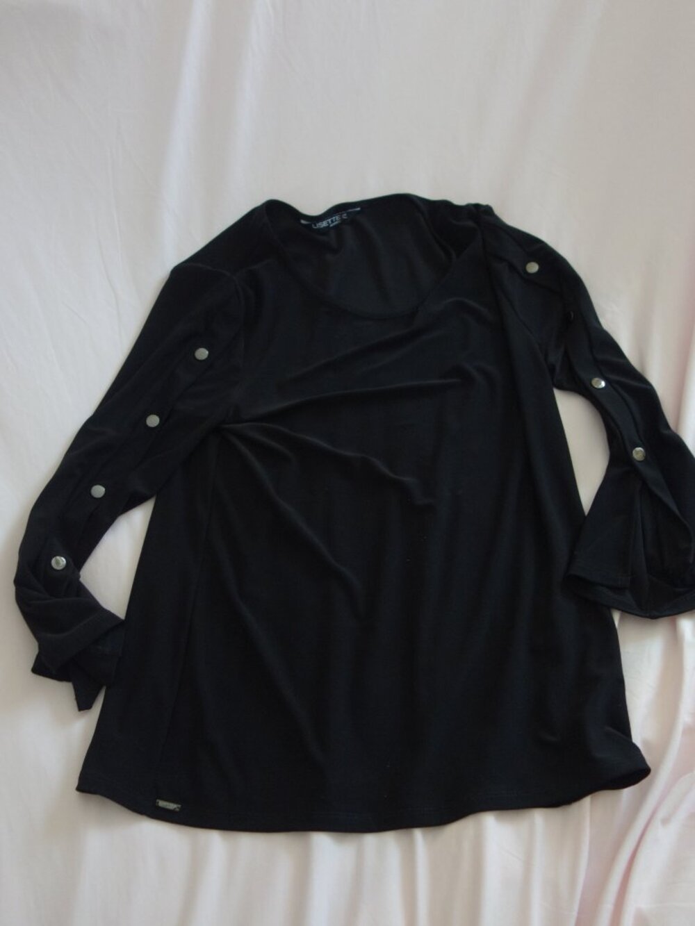 Lisette L Montreal Black Snap Sleeve Bell Cuff Tunic Top Size M